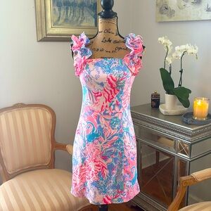 LILLY PULITZER Designer pink white blue ruffle sleeve sexy spring dress XS 0